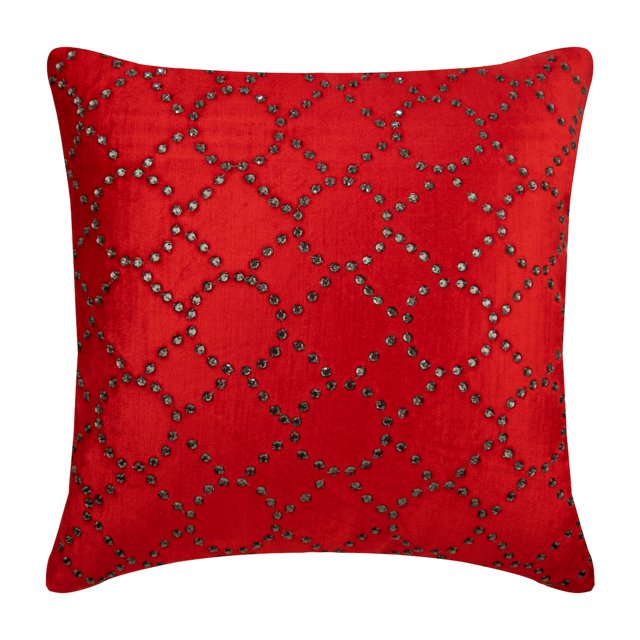 Taies d'Oreiller Rouges, Taies d'Oreiller à Motif de Cristaux, Taie d'Oreiller 24x24 Pouces (60x60 cm), Taies d'Oreiller Carrées en Velours, Taies d'Oreiller Contemporaines, Motif Géométrique - Velours Rouge Cristal