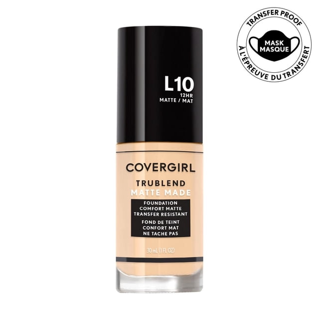 COVERGIRL Trublend Matte Made Foundation in shade L10 with black cap and clear glass bottle containing beige liquid foundation, offering 12-hour transfer-resistant, oil-absorbing matte finish that minimizes pores and suits normal to oily skin.