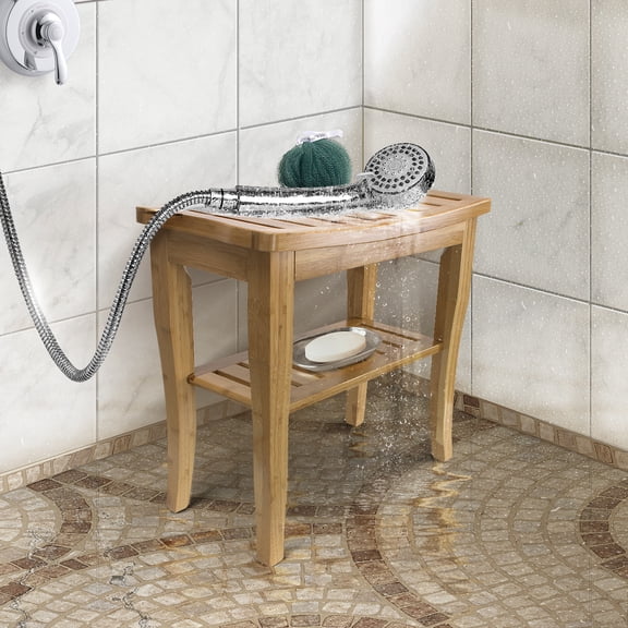 Sorbus Bamboo Stool with Shelf , 2-Tier Wood Storage & Seating for Bathroom, Spa Sauna Seat