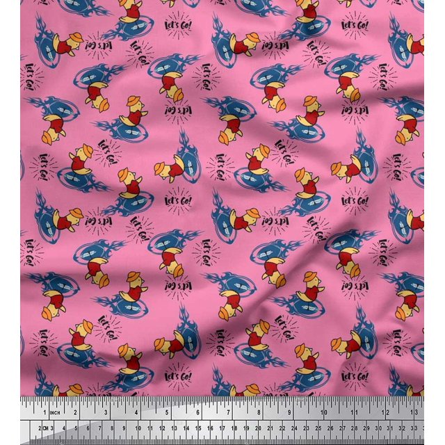 Soimoi Cotton Poplin Fabric Text,Rugby Ball & Bird Cartoon Print Sewing Fabric Yard 56 Inch Wide