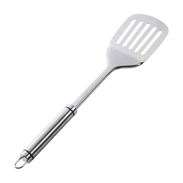 Vaidha Cookware Kitchen Cooking Utensils Set featuring a stainless steel long-handle wok spatula with a slotted head. Designed for flipping, stirring, and serving, this utensil is lightweight, durable, and non-scratch, making it ideal for use with non-stick cookware. The ergonomic handle includes a hanging loop for convenient storage.