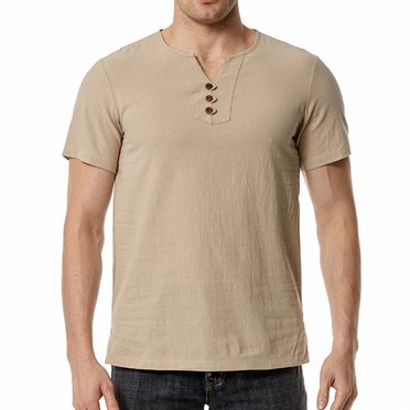 Meichang 2024 Clearance Mens Short Sleeve Cotton Linen Shirt,Vintage V Neck Pullover Tops Casual Button Up Party Shirt Slim Fit Side Split Work Shirts Khaki 2XL