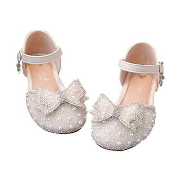 LOVZFMLL Mary Jane Flats for Toddler Girls Little Kids Glittery Dress Princess Wedding Party Shoes Low Heels Bow Footwear Beige 2.5-3 Years