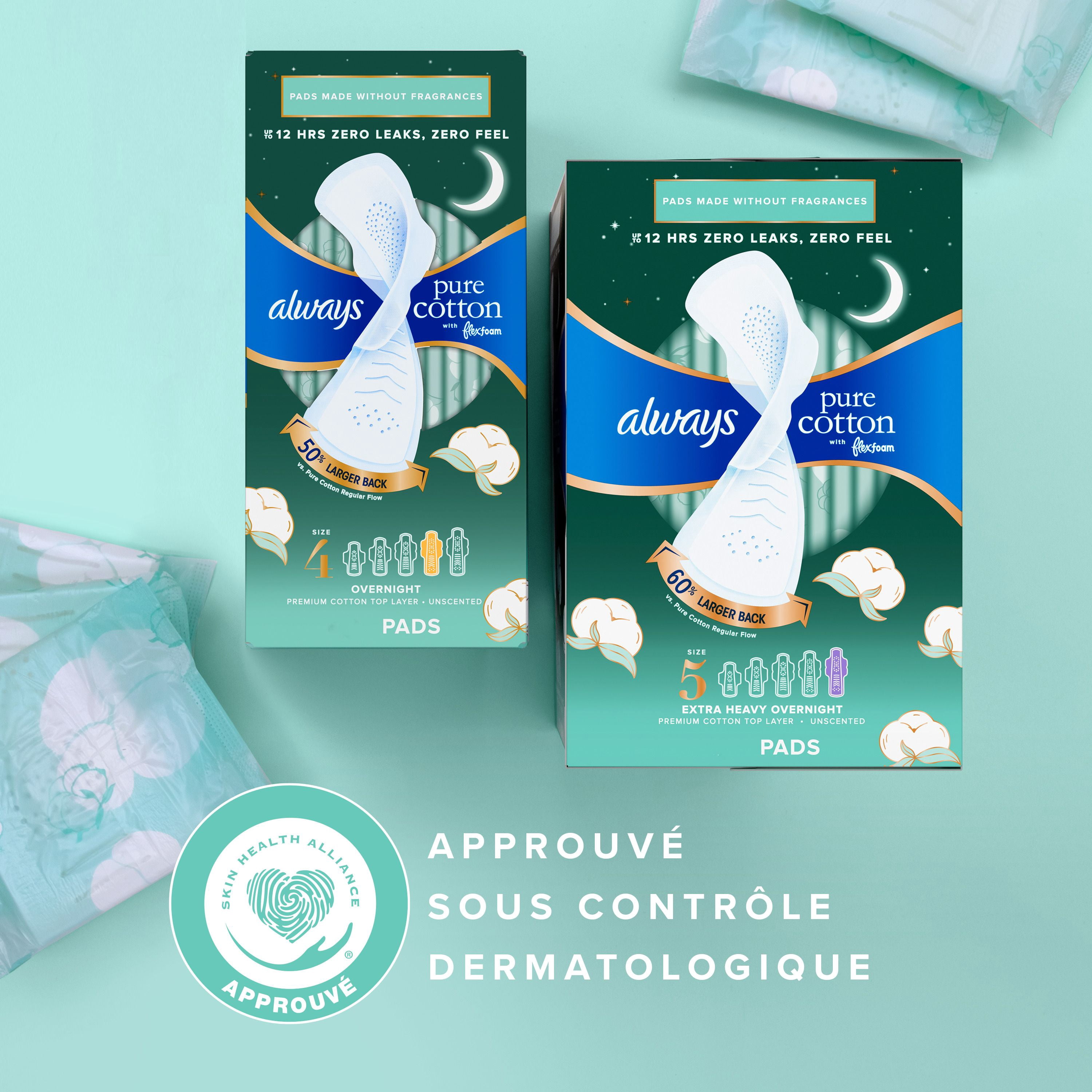 Always Coton Pur Serviettes Hygiéniques pour Femmes, Taille 5, de Nuit, Flux Très Abondant, avec Ailes, Non Parfumées