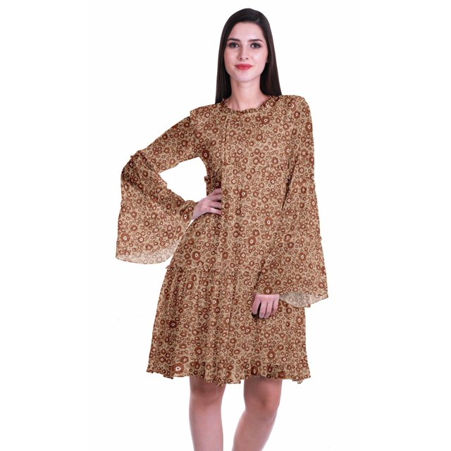 Moomaya Robe d'Été Fluide à Manches Longues Imprimée pour Femmes, Longueur Genou, Évasée