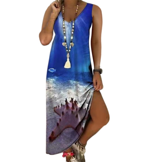 SMihono Robe Maxi Bohème d'Été pour Femmes Grande Taille Mode Femmes Été Aguichant Décontractée Sans Manches à Col en V Imprimée Longue Robe Plage Évasée Robe d'Été