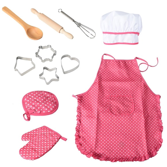 Kids Chef Playset – 11-Piece Pretend Kitchen – Rose Red Apron, Hat, Mitt & Cookie Cutters – Role Play Baking Tools for Girls – Birthday & Christmas Gift – Rose Red