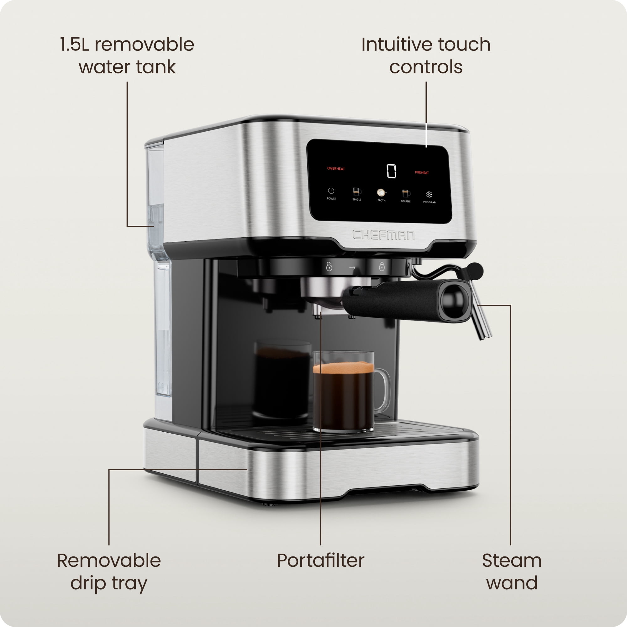 Machine à espresso Chefman CraftBrew avec buse vapeur et commandes tactiles - Acier inoxydable