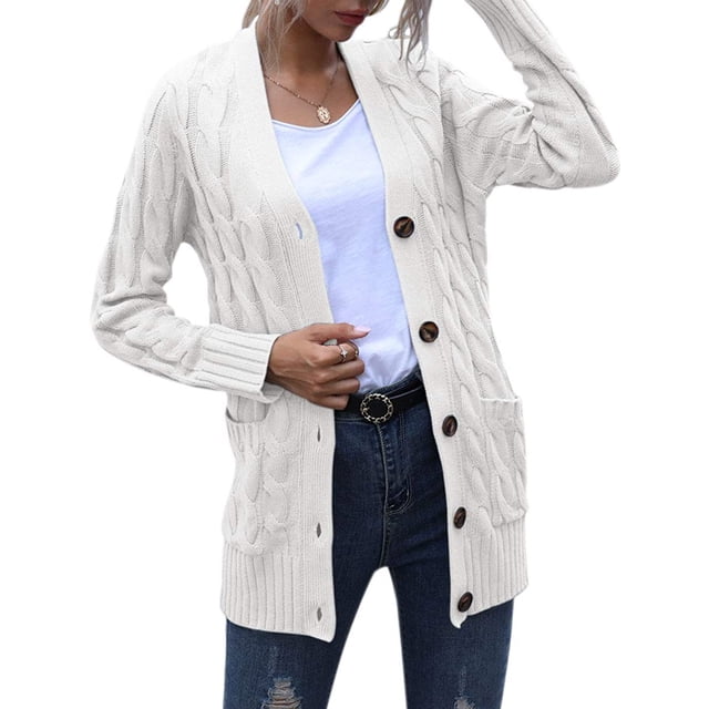 Manteau d'Automne Tricoté à Manches Longues, Beige, L
