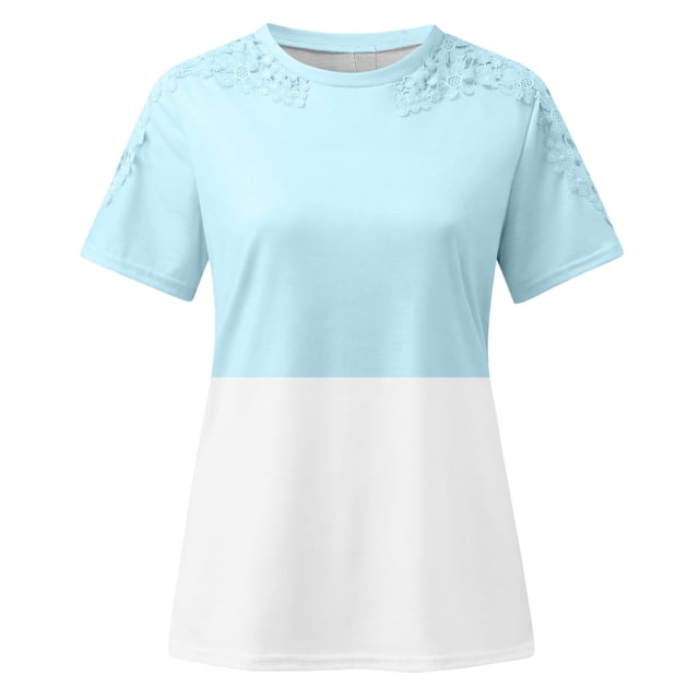 TopLLC Women's Short Sleeve Plus Size Tops Crewneck T Shirt Loose Fit Lace Stitching Shirts Solid Hollow Out Ruffle Tunic Tops