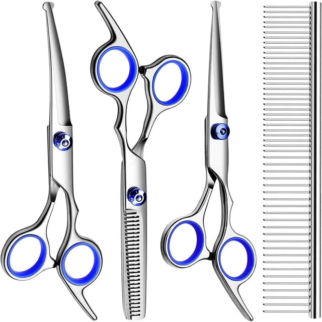CHUANK Dog Grooming Scissors with Safety Round Tips Stainless Steel Professional Dog Grooming Kit - Thinning Curved Scissors and Comb for Dog Cat Pet