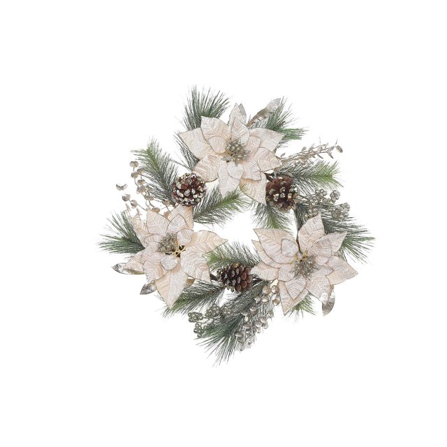 Poinsettia and Pinecone Wreath with a 20-inch diameter circular arrangement of artificial green pine needles, three cream-colored poinsettia flowers with textured petals, brown pinecones with white tips, and silver decorative berries and leaves, made from plastic, ideal for holiday home décor and easy spot cleaning.
