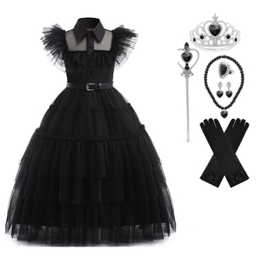 HAWEE Costume de Wednesday Addams pour Filles Robe d'Addams, Costumes d'Addams Robe de Fête Cosplay d'Halloween 4-13 Ans