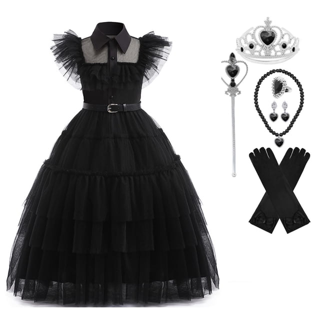 HAWEE Costume de Wednesday Addams pour Filles Robe d'Addams, Costumes d'Addams Robe de Fête Cosplay d'Halloween 4-13 Ans