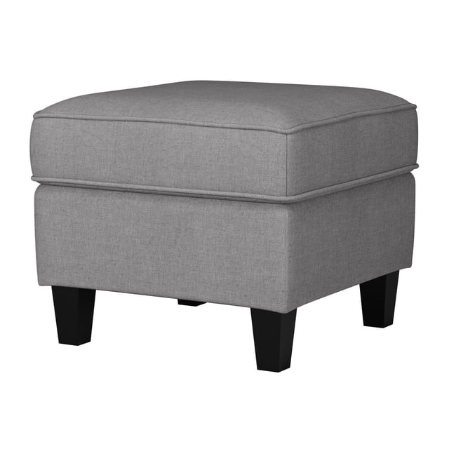 Square gray linen-like upholstered padded ottoman with black wooden legs for living room seating or footrest.