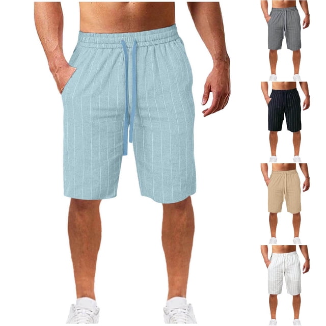 JDQJBZ Short en Lin Décontracté pour Homme à Rayures Imprimées, Cordon de Serrage, Poche, 5 Pouces, Short d'Été