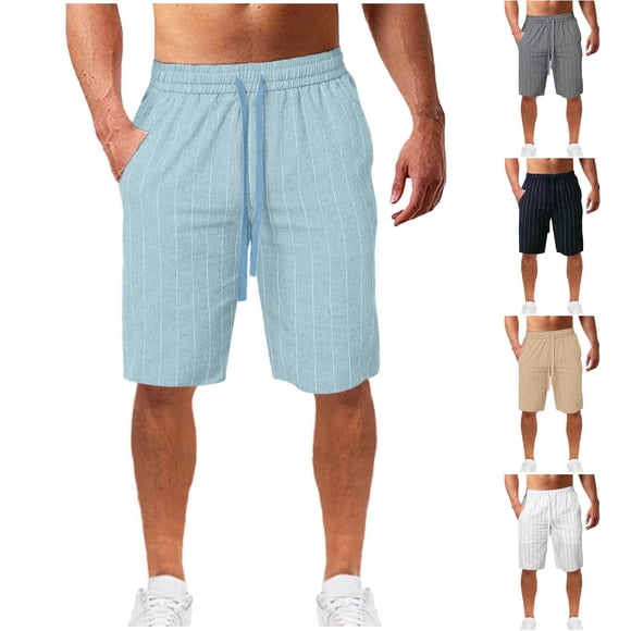 JDQJBZ Men's Casual Linen Shorts Stripe Print Drawstring Pocket 5 Inch Summer Shorts
