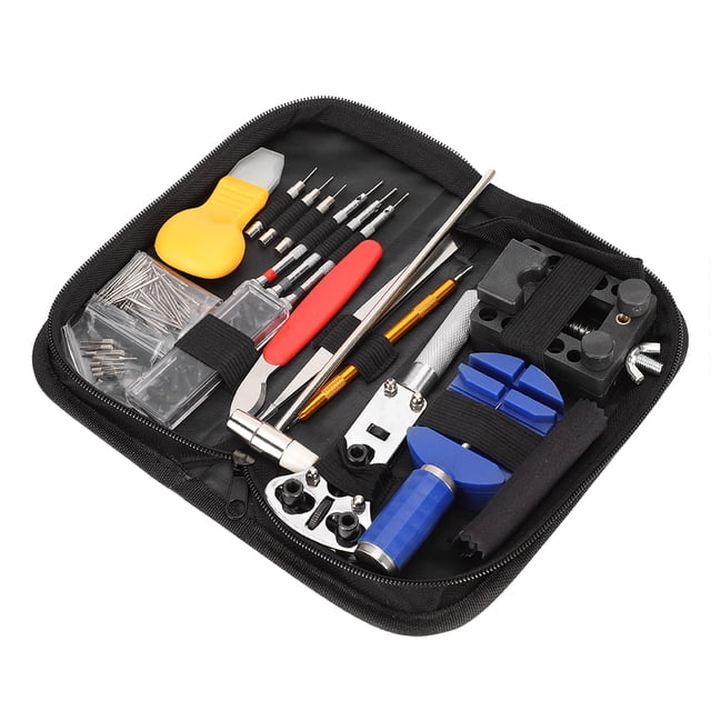 Watch Repair Kit Professional Watch Battery Replacement Watch Strap Adjustment Tool Kit featuring a multicolour assortment of tools, including screwdrivers, pin removers, a case opener, and a strap adjustment block, all neatly organized in a black zippered case. Designed for professional and beginner use, this kit is ideal for tasks such as opening watch backs, adjusting straps, and replacing batteries or washers.