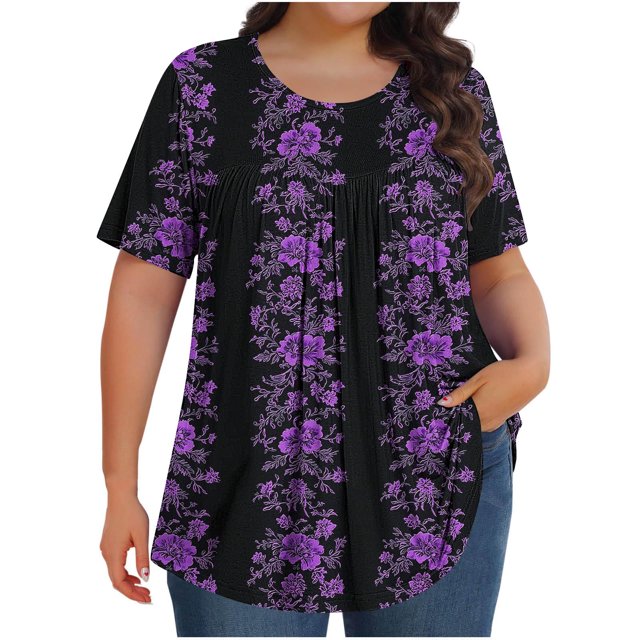 Pisexur Printemps Tops for Women Blouses for Women Habillé Décontracté Mode Féminine Imprimé Col Rond Manches Courtes Plissé Ample Haut Multicolore,TG