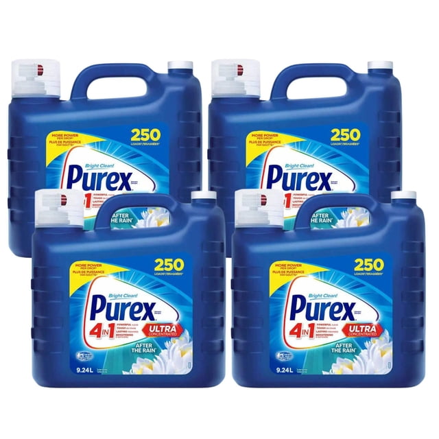 Purex After The Rain Ultra Concentrated Laundry Detergent, a set of four 9.24 L (2.4 gal.) jugs, each providing 250 wash loads for a total of 1000 loads. The blue containers highlight the Purex logo, 'After The Rain' scent, and ultra-concentrated formula branding. Suitable for eco-friendly laundry care and efficient cleaning, categorized under liquid detergent and household supplies.