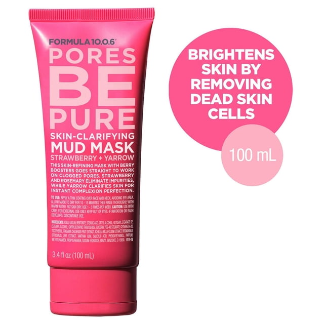 FORMULA 10.0.6 Pores Be Pure Masque de Boue Clarifiant pour la Peau en tube Compressible Rose de 100 ml avec Texte Rose Pâle et Blanc, Comprenant des Extraits de Fraise et d'Ail pour Nettoyer en Profondeur les Pores et Illuminer la Peau en Éliminant les Cellules Mortes de la Peau, Idéal pour les Peaux Grasses et Sujettes à l'Acné.