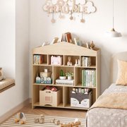 BeesClover Book Shelf, Kids Bookshelf 9-Cubby Organizer, Dollhouse Roof Shelf Book Display, Wooden Bookcase Toy Storage