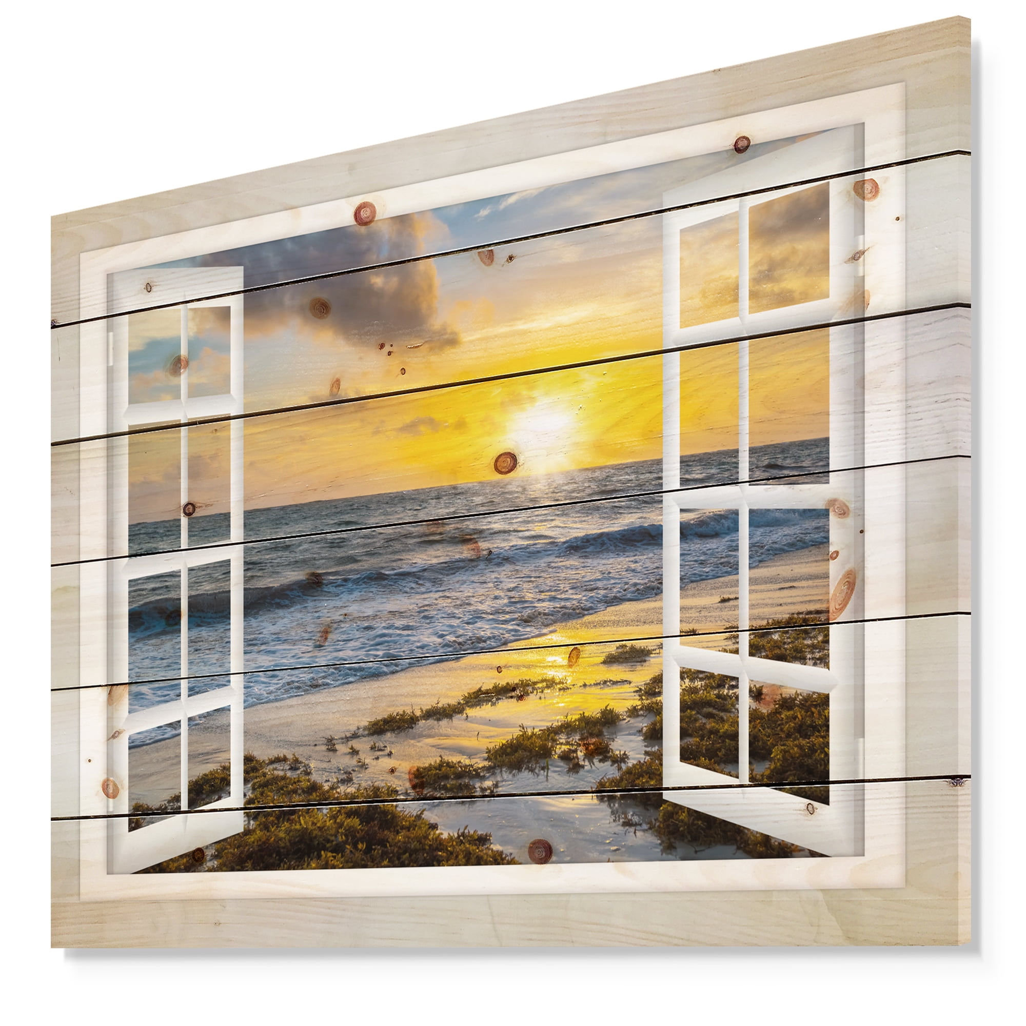Tableau sur toile imprimée Design Art Paysage marin moderne Couchée de soleil jaune brillant à travers une fenêtre