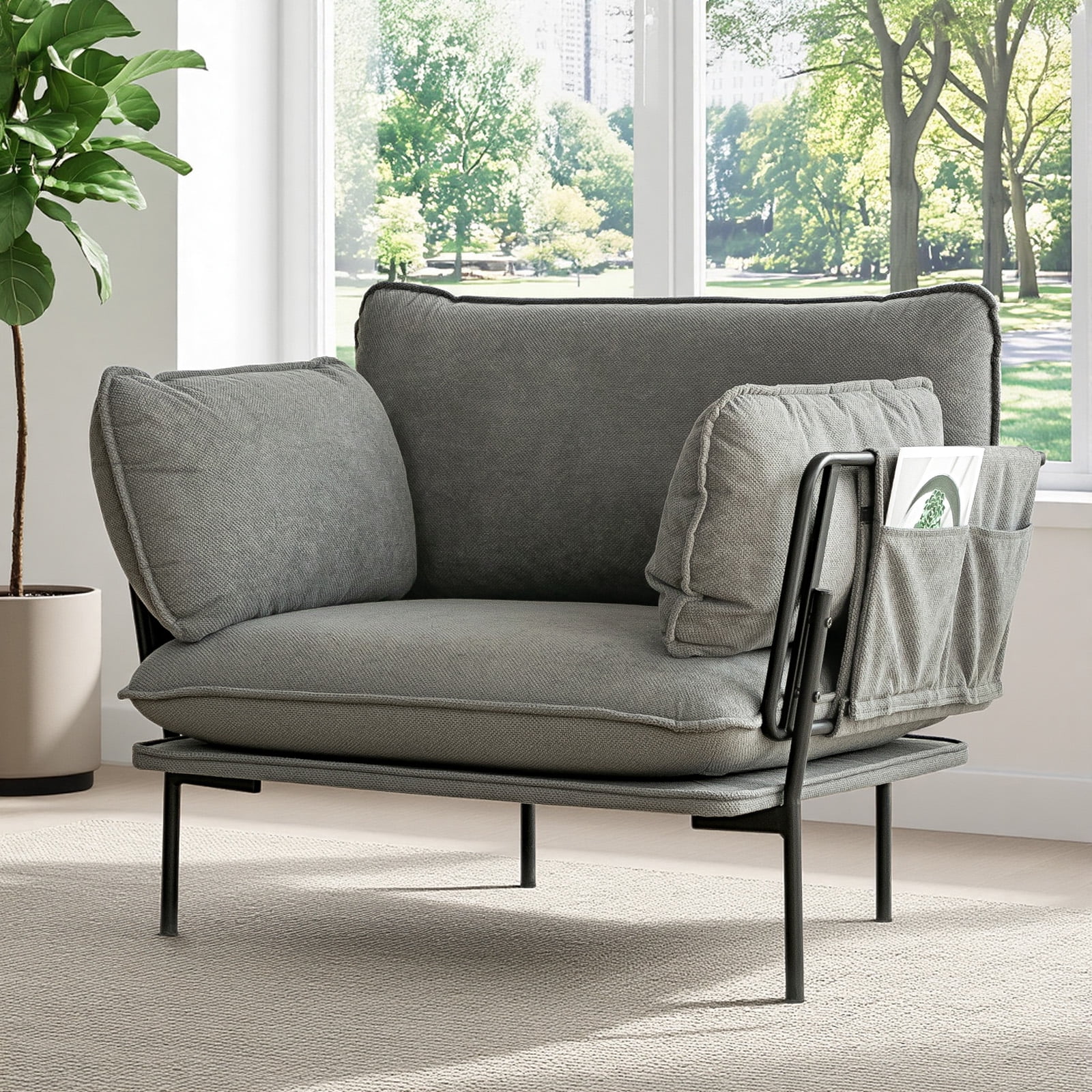 AECOJOY 90cm Velvet Lounge Chair with Lumbar Support, Ergonomic Sofa Chair for Living Room, Wrinkle & Scratch Resistant Fabric, Comfortable Armrests, Grey - for Bedroom, Apartment, Home Office