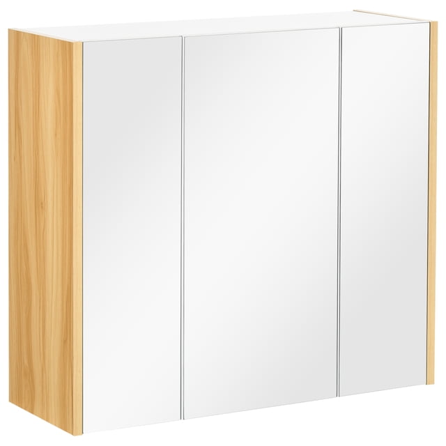 kleankin Armoire de Salle de Bain Armoire Murale avec Miroir avec 3 Portes. Cette Armoire Blanche en MDF Présente un design Mural avec Trois Portes Miroir, Incluant une Armoire à Porte Simple et une Armoire à Double Porte. Elle Comprend des Tablettes Ajustables à l'Intérieur pour un Rangement Organisé des Produits de Beauté et des Articles d'Hygiène. l'Armoire Mesure 26,8 Pouces de Large, 8,7 Pouces de Profondeur et 23,6 Pouces de Hauteur, avec une Capacité de Charge de 44 Lb. les Panneaux Latéraux en Bois Naturel Ajoutent une Touche Stylée.