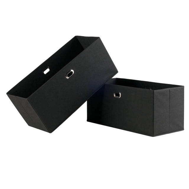 Winsome Torino 2 Piece Folding Fabric Basket Set with two black foldable rectangular storage baskets featuring metal ring handles, made from durable non-woven polypropylene and fiberboard, suitable for organizing closets, shelves, or home offices.