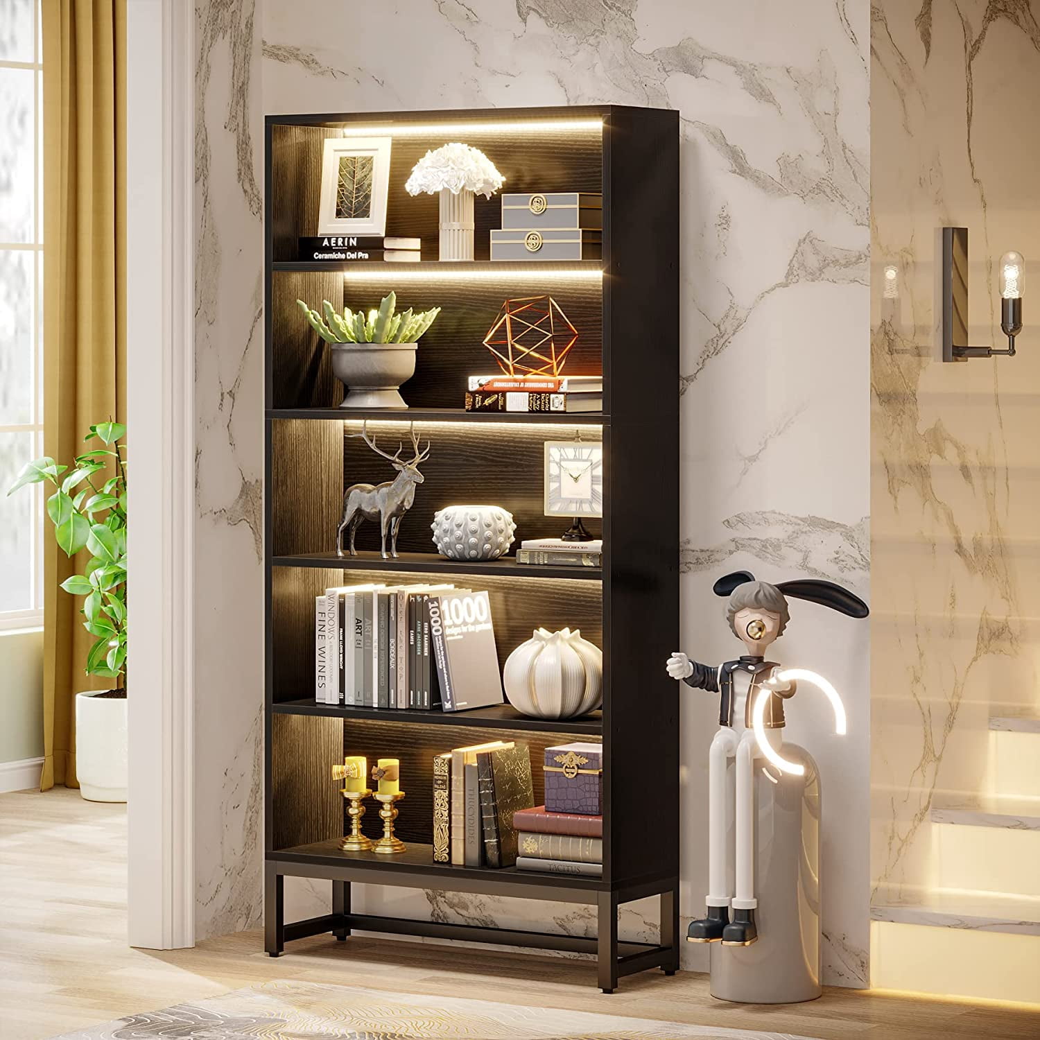 71 Inches Black Bookcase with LED Lights, Heavy Duty Free-Standing Library Bookshelf