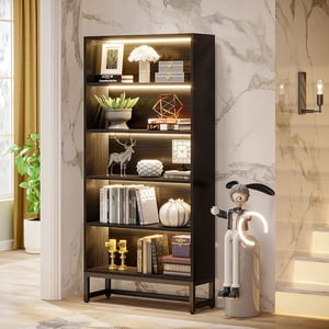 71 Inches Black Bookcase with LED Lights, Heavy Duty Free-Standing Library Bookshelf