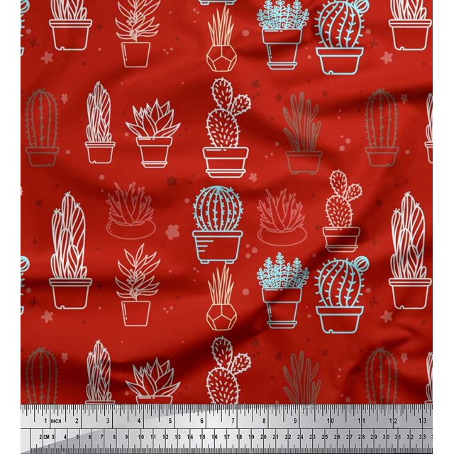 Soimoi Polyester Crepe Fabric Cactus Tree Print Fabric by The Yard 52 Inch Wide