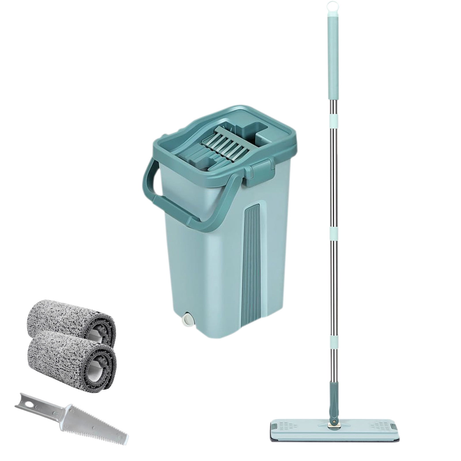 EGNMCR Hand-free Flat Mop Set 1 Bucket 1 Mop 2 Cloths 1Free Squeegee Suitable For Indoor Cleaning flat mop