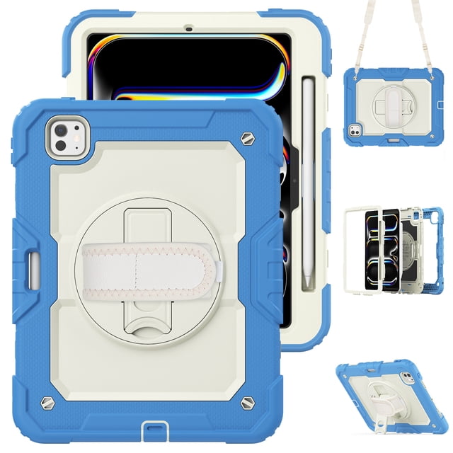 XYX For iPad Pro 11 inch Case 2024 (M4), 360 Rotating Shockproof Cover with Stand, Screen Protector, Shoulder Strap, Cream Navy