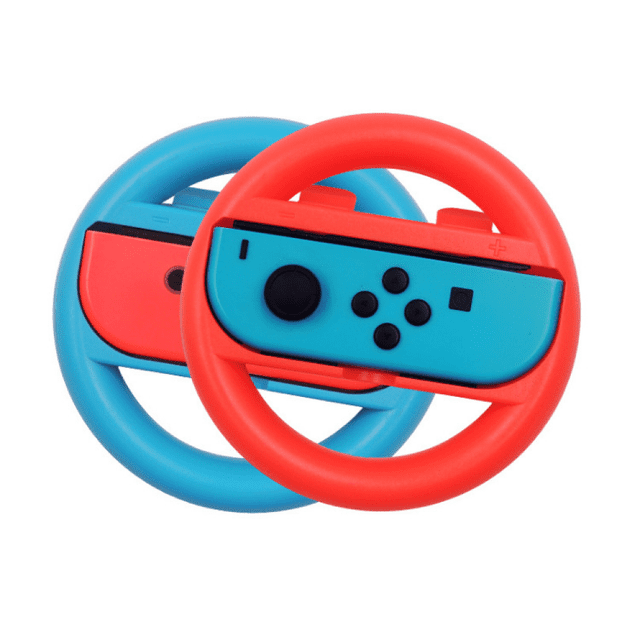 Volant pour Manette Nintendo Switch, 2 Pcs Volant de Course Compatibles avec Mario Kart. l'Image Montre Deux Volants en Matériau ABS, l'Un en Rouge et l'Autre en Bleu, Chacun Tenant une Manette Nintendo Switch. Conçus pour un Confort Ergonomique et un Alignement Précis, Ces Roues Améliorent l'Expérience de Jeu en Offrant une Sensation de Conduite Réaliste. Convenant aux Manettes Gauche et Droite, Elles Sont Faciles à Installer et à Retirer avec des Indicateurs « + » et « - » Transparents.
