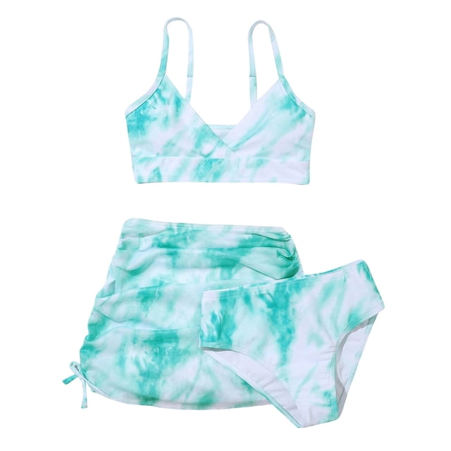 Nwiuh Girls' Piece Set Floral Print Bikini Swimsuit with Drawstring Beach Skirt Cute Ruched Bathing Suit (Green, 11-12Y)