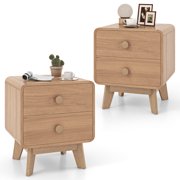 Costway 2 PCS Modern Style 2-Drawer Nightstand Bedside Table with Solid Rubber Wood Legs Brown