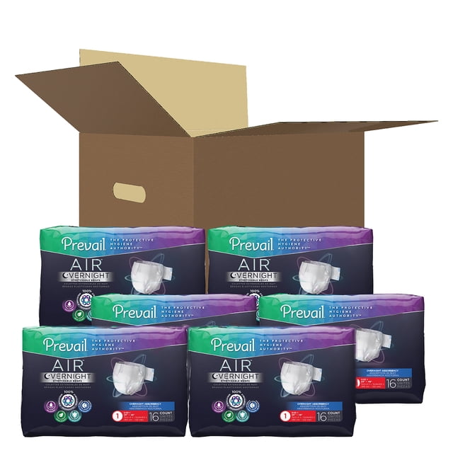 First Quality Culotte d'Incontinence Unisexe pour Adulte, Taille 1, 16 Sacs. l'Image Affiche Plusieurs Paquets de Culottes d'Air Prévalentes pour la Nuit, Placées devant une Boîte en Carton Ouverte. Ces Culottes Jetables Offrent une Absorption Nocturne, Technologie de Gel MaxSorb, Protection contre les Odeurs Omnidirectionnelles et Tissu 100 % Respirant pour Fuites Urinaires Lourdes. Conçues pour les Soins de l'Incontinence et la Santé de la Peau avec des Matériaux Hypoallergéniques Incluant la Vitamine E, l'Aloès et la Camomille