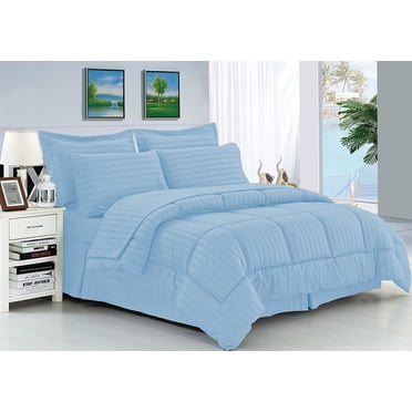 Mocassi Wrinkle Resistant - Silky Soft Dobby Stripe Bed-in-a-Bag 8-Piece Comforter Set --HypoAllergenic - King Light Blue