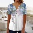 thumbnail image 1 of EGNMCR T Shirts pour Femmes Mode Été Pli Imprimé Manches Courtes Col en V Bouton Haut, 1 of 3