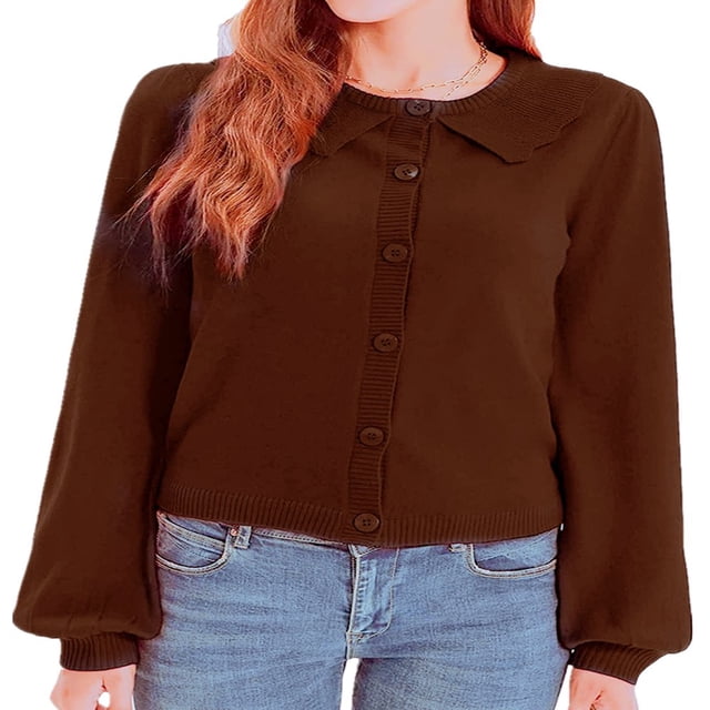 Women Solid Cropped Cardigan Sweater Lantern Sleeve Ruffle Lapel Collar Button Down Knit Outerwear Green M