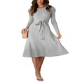 thumbnail image 1 of Robe Midi en Tricot à Manches Longues pour Femmes, Couleur Unie, Ceinturée avec Lien, Robe Chandail en Tricot, Robes Midi Trapèze, 1 of 7