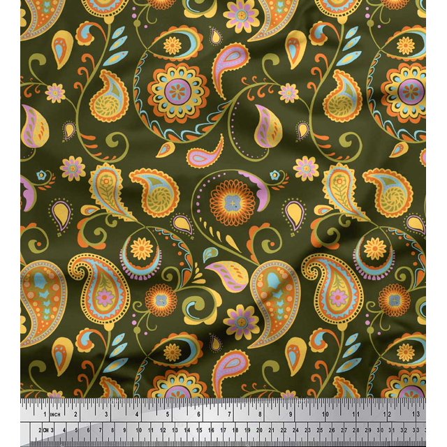 Soimoi Green Moss Georgette Fabric Mandala & Paisley Print Sewing Fabric Yard 44 Inch Wide