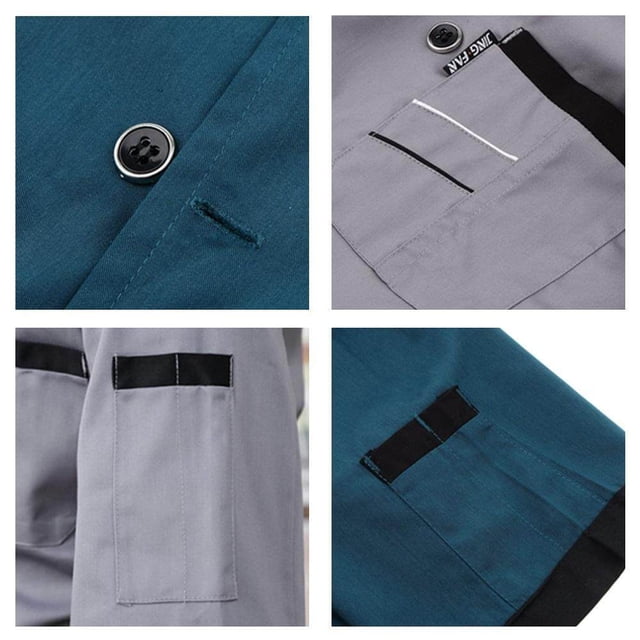 enqiretly Chef Jacket Uniform Short Sleeve Hotel Kitchen Apparel Cook Coat in size L and blue color. Made of breathable polyester material with a double-breasted design, left arm thermometer pocket, and durable stitching. Ideal workwear for restaurant, hotel, cafe, bakery, and other professional kitchen settings.