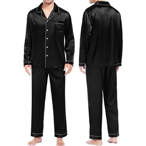 DondPO Pyjamas à manches longues pour hommes Pyjamas en soie satinée à deux pièces Pydjama à manches courtes pour femmes 2 Pièce, Sets Pj pour femme noire XXL