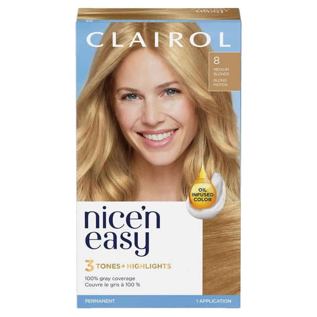 Clairol Nice'n Easy Permanent Hair Dye in Medium Blonde 8, featuring 3 tones and highlights with oil infused color cream for natural-looking permanent hair color that covers 100% gray. The box shows wavy medium blonde hair and includes one application kit.