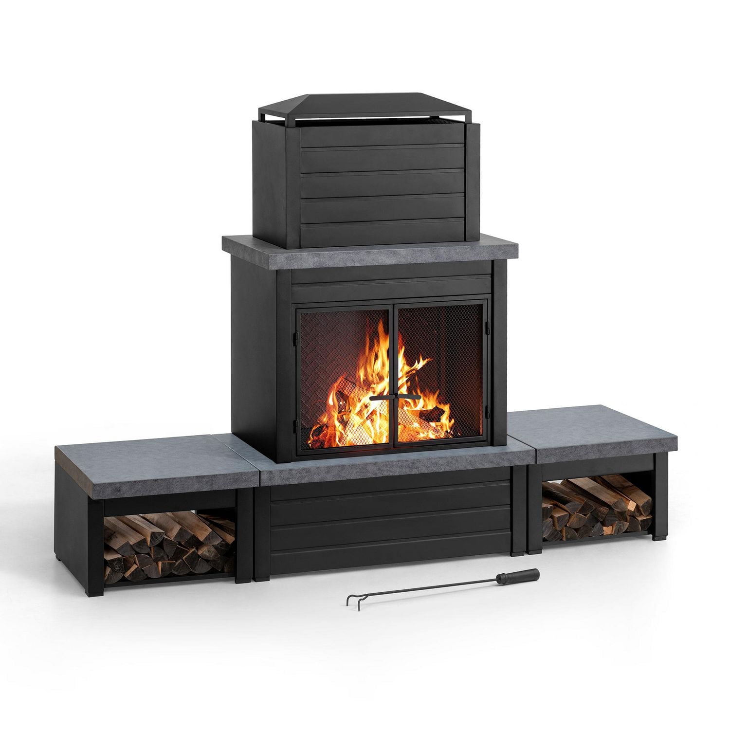 Sunjoy Cheminée Foyer à Bois Extérieur en Acier Noir Mat avec Conduit, Supports à Bûches, Outil de Foyer et Housse en PVC