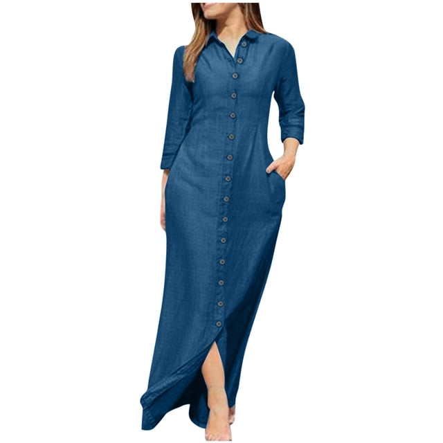 cfhntfmh Robes Maxi pour Femmes Décontractées d'Automne à Col, Manches Longues, Chemises Boutonnées, Robe Douce en Coton et Lin