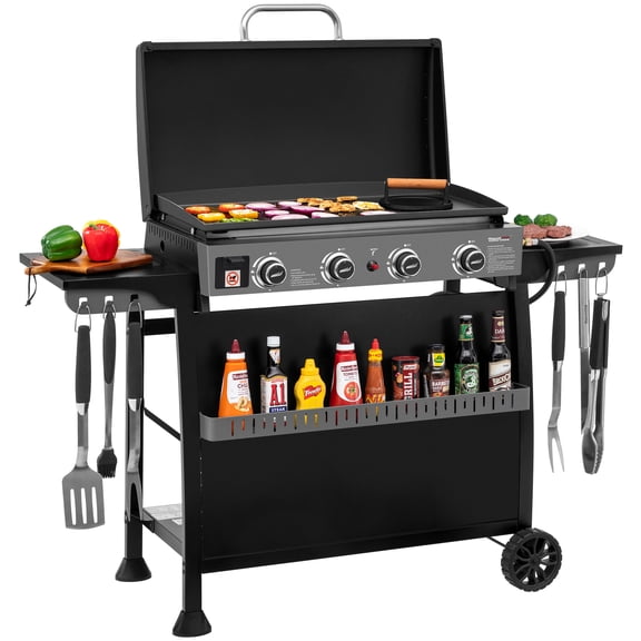 Royal Gourmet PD4001 Plaque de Cuisson au Gaz de 30 Pouces à 4 Brûleurs avec Hotte, Plaque de Cuisson au Gaz de Table avec Chariot Autoportant Amovible, Chariot Autoportant avec Tablettes Latérales et Crochets